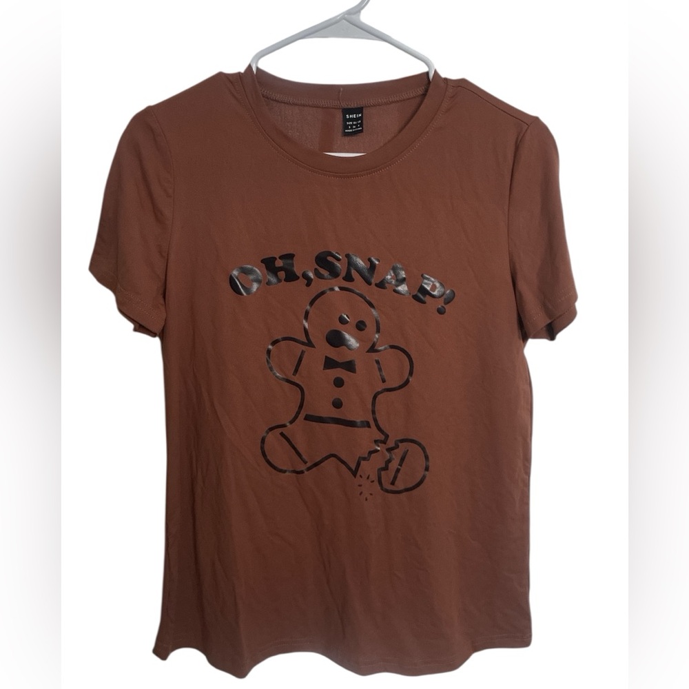Shein Brown Graphic Tee with Gingerbread Design